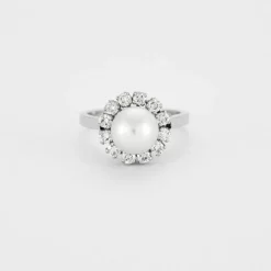 Bague Fleur Or gris Perle Diamants