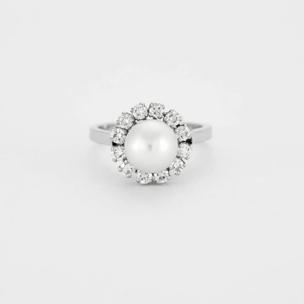 Bague Fleur Or gris Perle Diamants