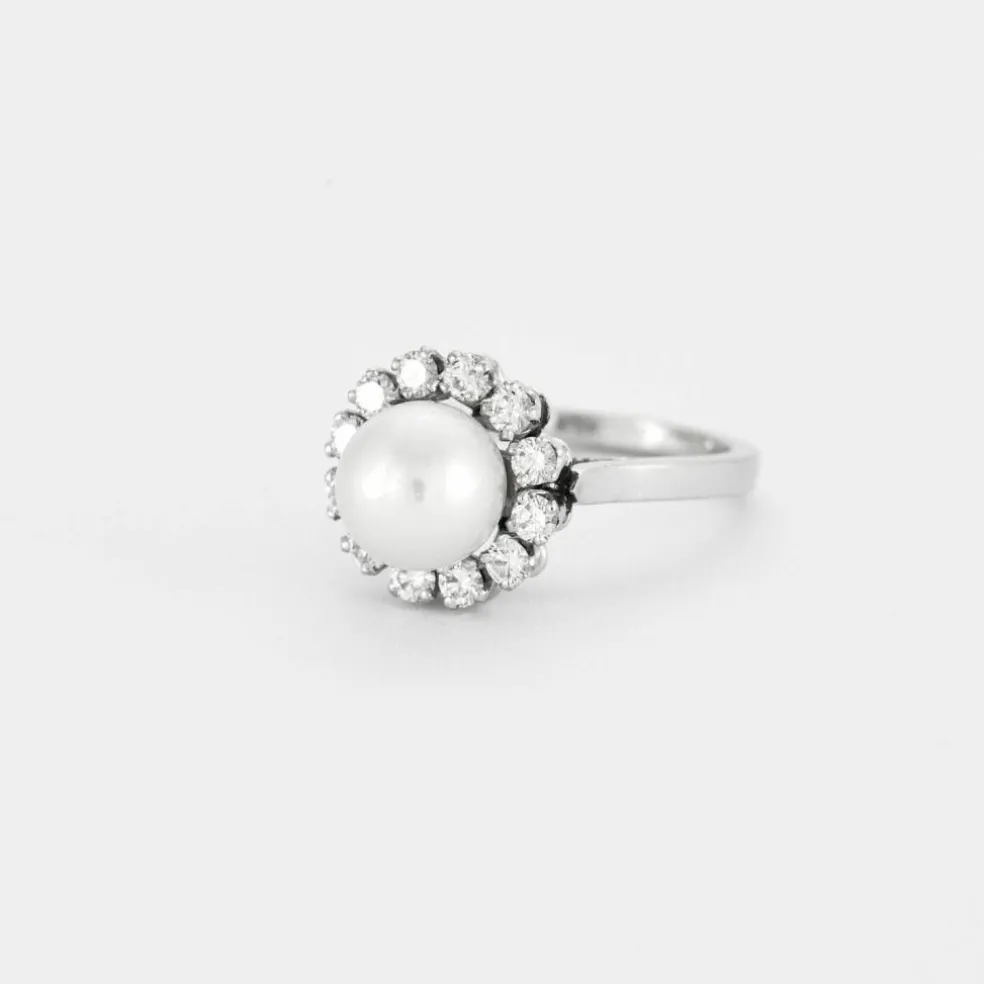 Bague Fleur Or gris Perle Diamants