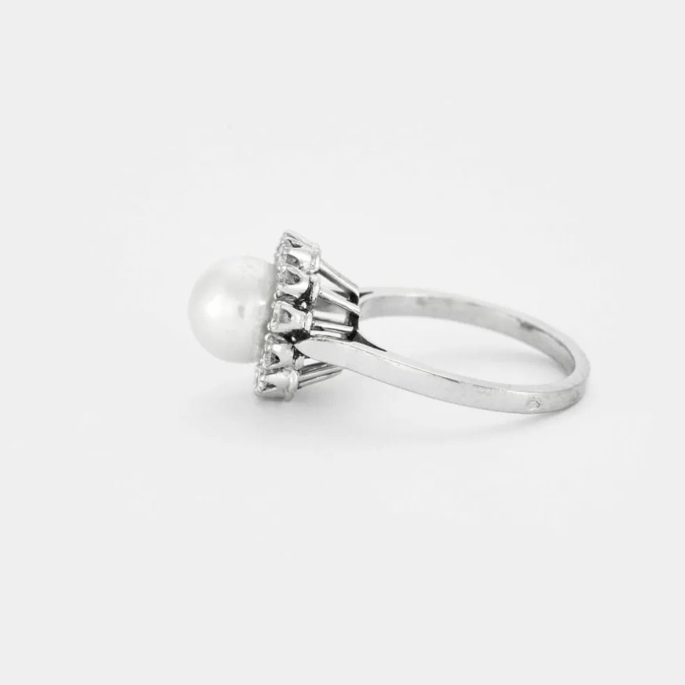 Bague Fleur Or gris Perle Diamants