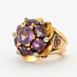Bague Fleur Or Jaune Améthystes Diamants