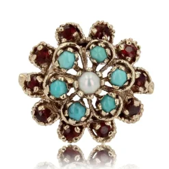 Bague fleur or jaune citrines turquoises perles