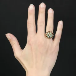 Bague fleur or jaune citrines turquoises perles
