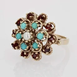 Bague fleur or jaune citrines turquoises perles