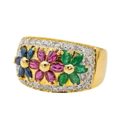 Bague Fleur Or jaune, Or blanc Rubis, Saphir, Emeraude