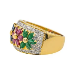Bague Fleur Or jaune, Or blanc Rubis, Saphir, Emeraude