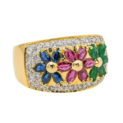 Bague Fleur Or jaune, Or blanc Rubis, Saphir, Emeraude