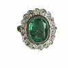 Bague Fleur Platine Or Gris Emeraude Diamants