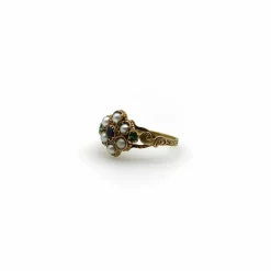 Bague fleur époque victorienne grenat émeraudes perles