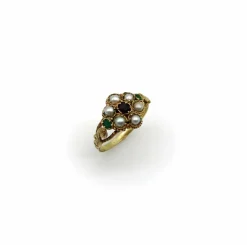 Bague fleur époque victorienne grenat émeraudes perles
