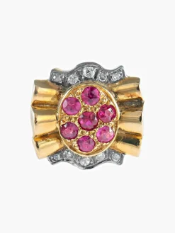 Bague fleur rubis diamants or jaune