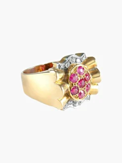 Bague fleur rubis diamants or jaune