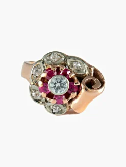 Bague fleur rubis et diamants or rose