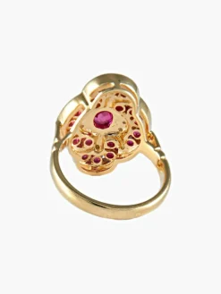 Bague fleur rubis ovale et brillant diamants or jaune