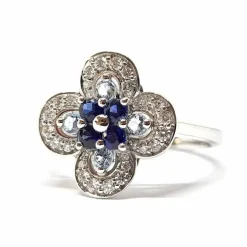 Bague fleur Saphirs, Aigue-Marine, Diamants