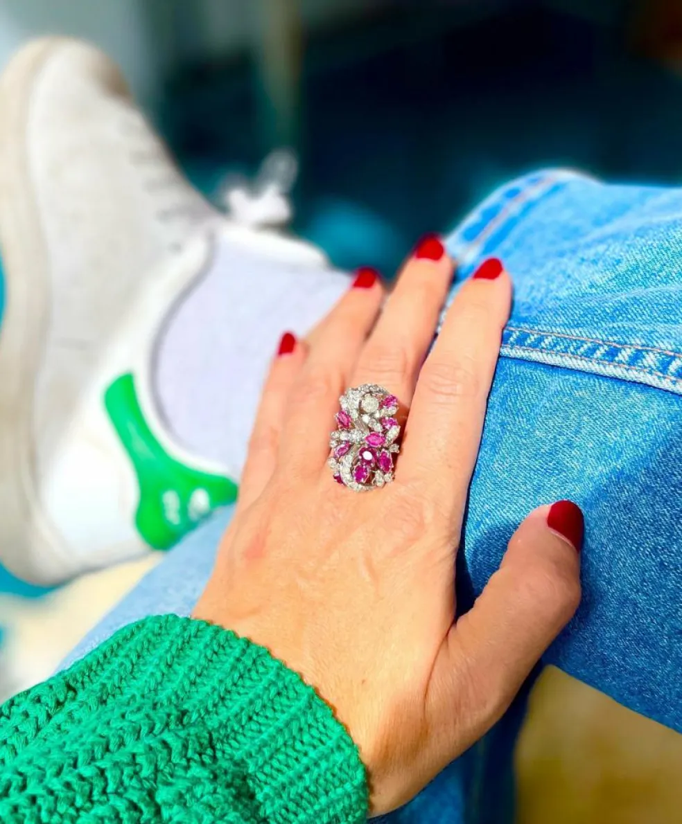 Bague Florale Vintage Diamants et Rubis