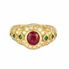 Bague godronnée en or jaune, diamants, émeraude et rubis synthétique