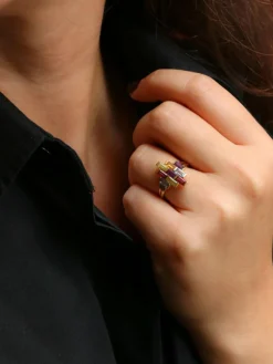 Bague géométrique or jaune améthyste topaze péridot citrine grenat
