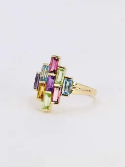 Bague géométrique or jaune améthyste topaze péridot citrine grenat