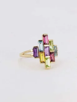 Bague géométrique or jaune améthyste topaze péridot citrine grenat