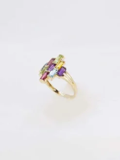 Bague géométrique or jaune améthyste topaze péridot citrine grenat