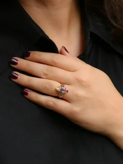 Bague géométrique or jaune améthyste topaze péridot citrine grenat