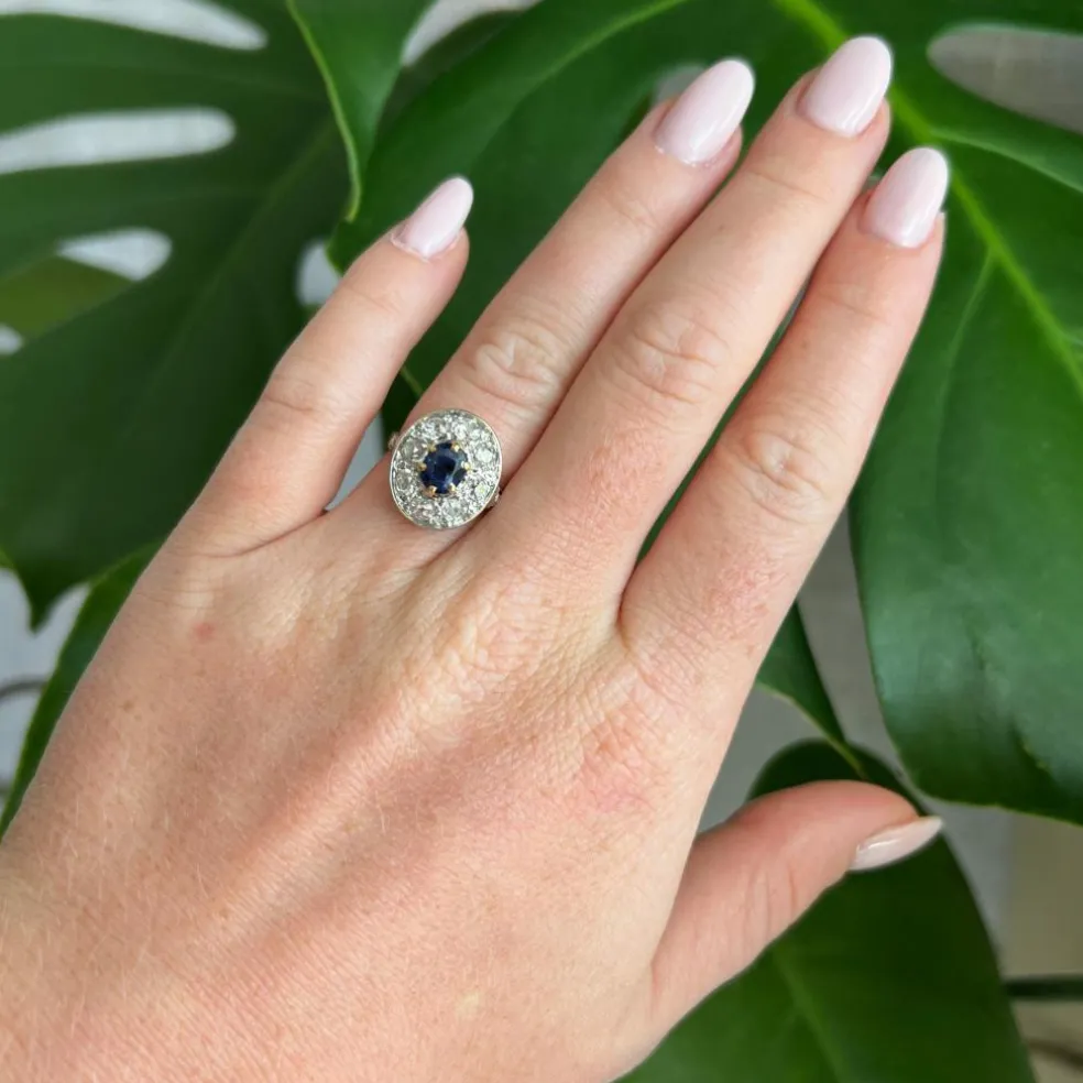 Bague Halo Vintage en Or jaune Saphir et Diamants
