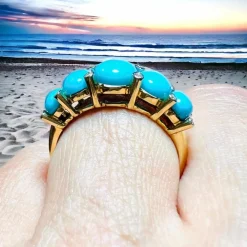Bague Jarretière Or Jaune, Turquoises Cabochons & Diamants