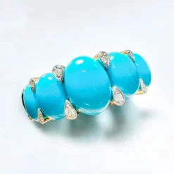 Bague Jarretière Or Jaune, Turquoises Cabochons & Diamants