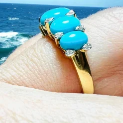 Bague Jarretière Or Jaune, Turquoises Cabochons & Diamants