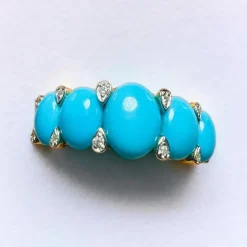 Bague Jarretière Or Jaune, Turquoises Cabochons & Diamants