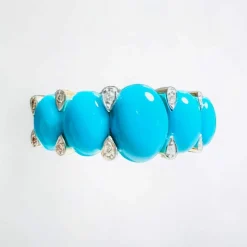 Bague Jarretière Or Jaune, Turquoises Cabochons & Diamants