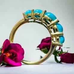 Bague Jarretière Or Jaune, Turquoises Cabochons & Diamants