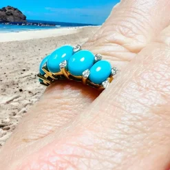 Bague Jarretière Or Jaune, Turquoises Cabochons & Diamants
