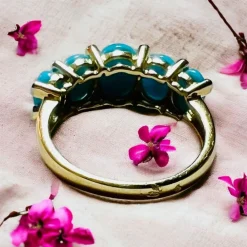 Bague Jarretière Or Jaune, Turquoises Cabochons & Diamants