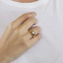 Bague jonc or jaune et gris diamant