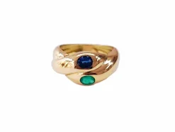 Bague jonc or jaune, émeraude et saphir