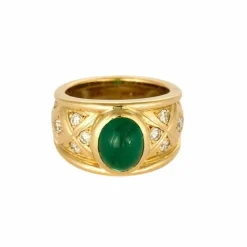 Bague jonc or jaune, émeraude et diamants