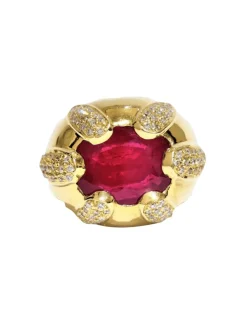 Bague jonc or jaune rubis et diamants
