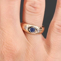 Bague jonc or rose saphir diamants