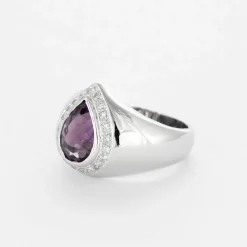 Bague jonc poire en or blanc 14K, Améthyste et diamants