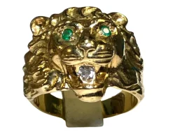 Bague lion or jaune émeraudes