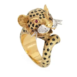 Bague Léopard Vintage Or Jaune Diamant Rubis, Yeux Émail Noir