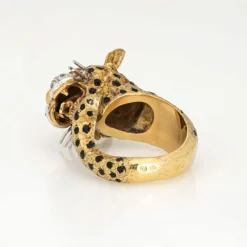 Bague Léopard Vintage Or Jaune Diamant Rubis, Yeux Émail Noir