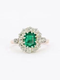 Bague marguerite ancienne or rose émeraude colombienne diamants