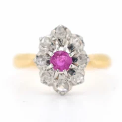 Bague Marguerite Ancienne Or 18 Carats, Diamants et Rubis - Circa 1900
