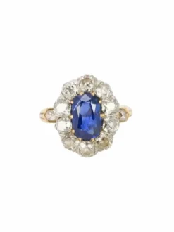 Bague marguerite ancienne or rose saphir coussin diamants