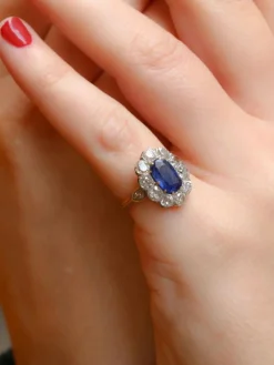 Bague marguerite ancienne or rose saphir coussin diamants