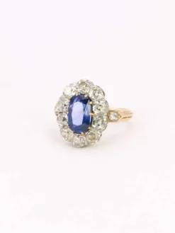 Bague marguerite ancienne or rose saphir coussin diamants