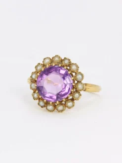 Bague marguerite ancienne or jaune amethyste perles fines